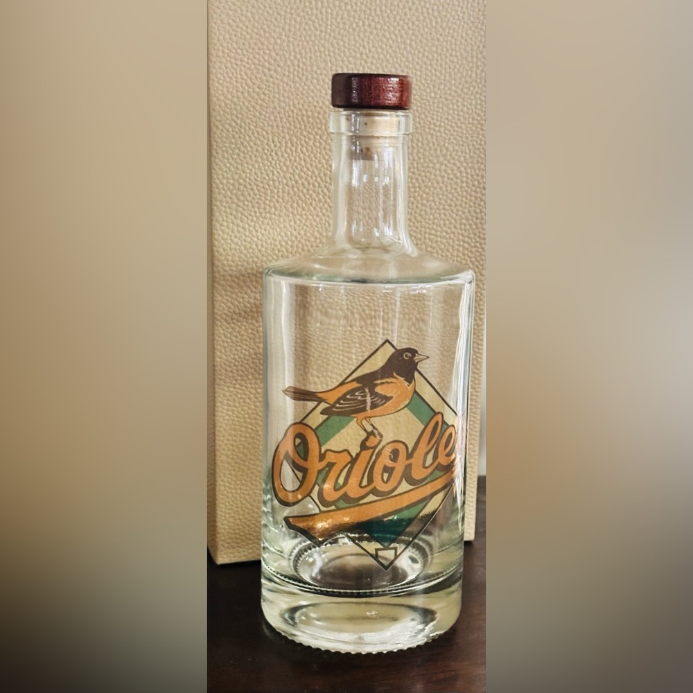 Baltimore Orioles Logo Baseball Team~Glass Liquor Bottle w/Wooden Cork Pull Top